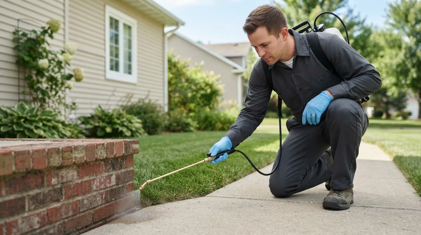 Pest control technician treating a home near Newton, IA